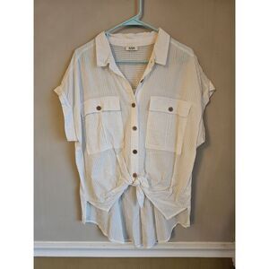 ANA Blouse Women's Large White Button Up Collared Shirt Semi Sheer 100% Cotton
